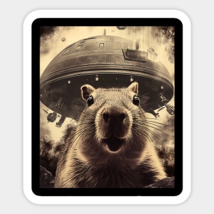 Capybara Selfie with UFOs Weird Sticker